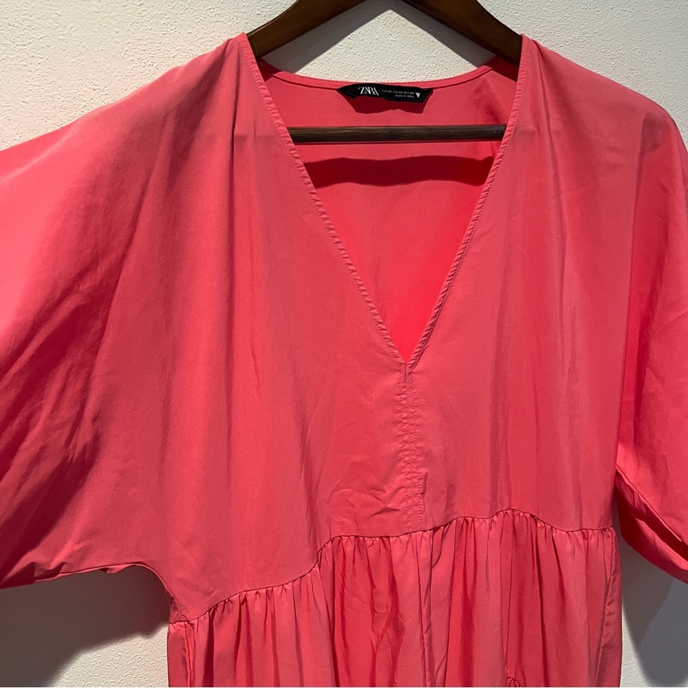 Zara Pink Tiered Poplin VNeck Oversized Maxi Dress Puff Sleeve Size XS - Picture 4 of 12